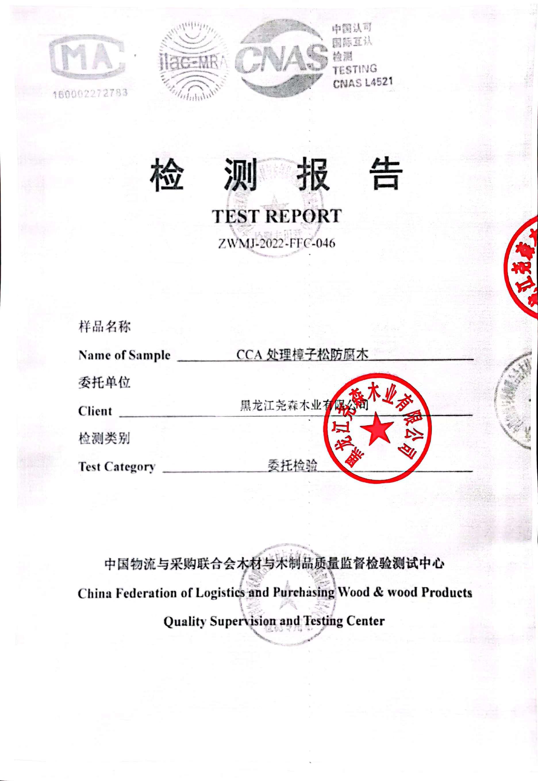 CCA防腐木检测报告 - 第1页
